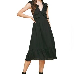 Women’s Black Ruffle V-Neck Midi Dress - Elegant Everyday Style